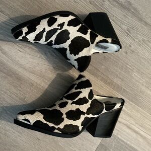 Steve Madden Cando  Genuine haircalf in a cow print chic mules